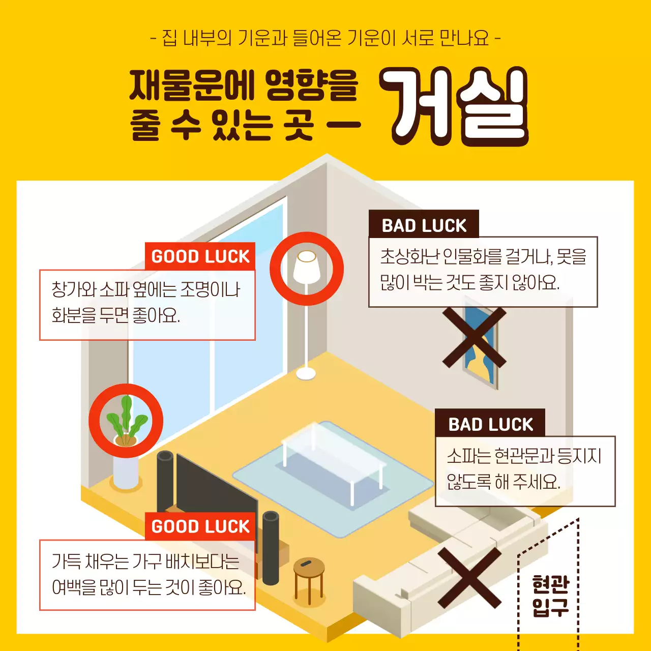 노란색과 갈색의 일러스트 풍수인테리어