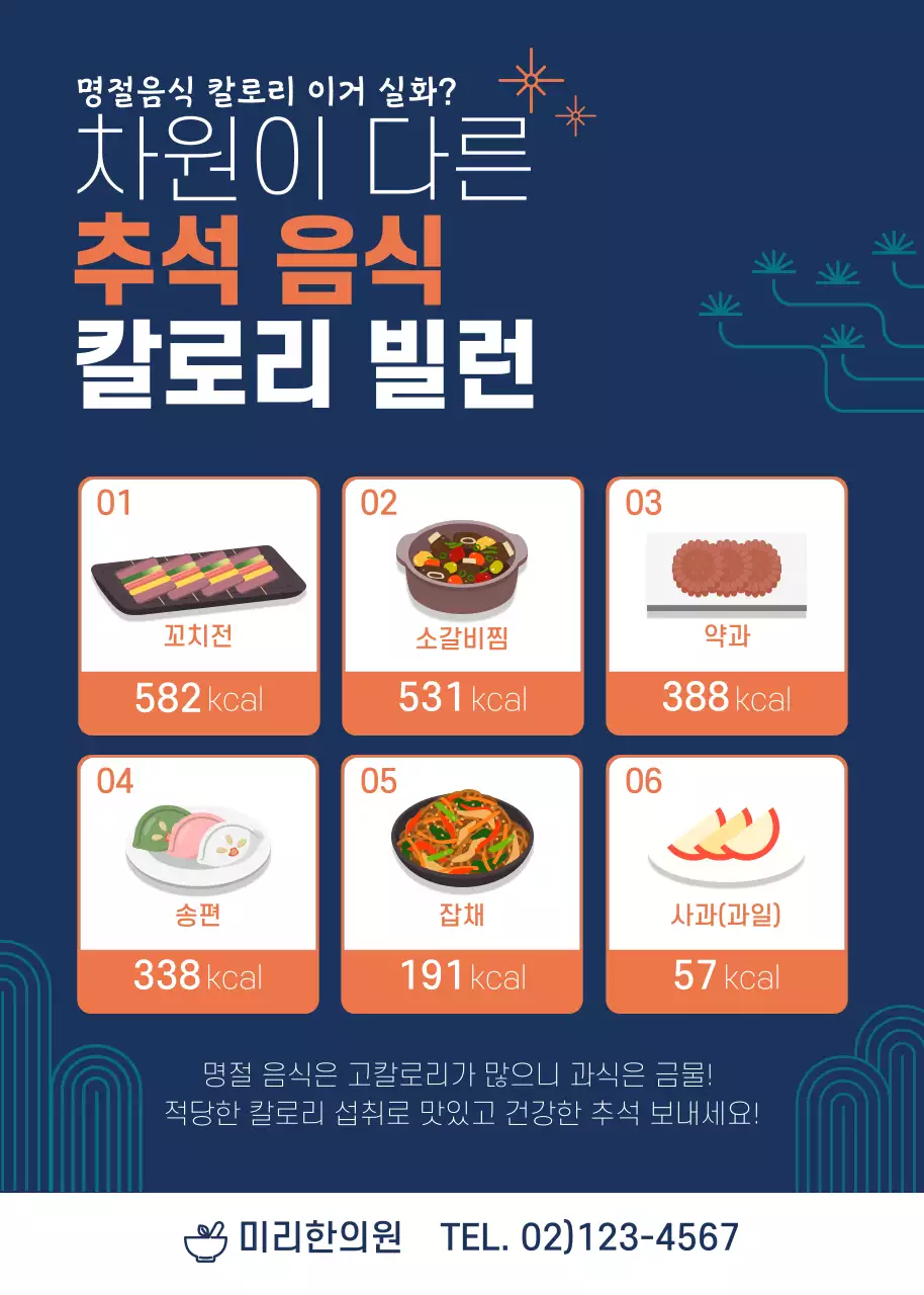 네이비와 주황색의 깔끔한 일러스트 명절 음식 칼로리 안내