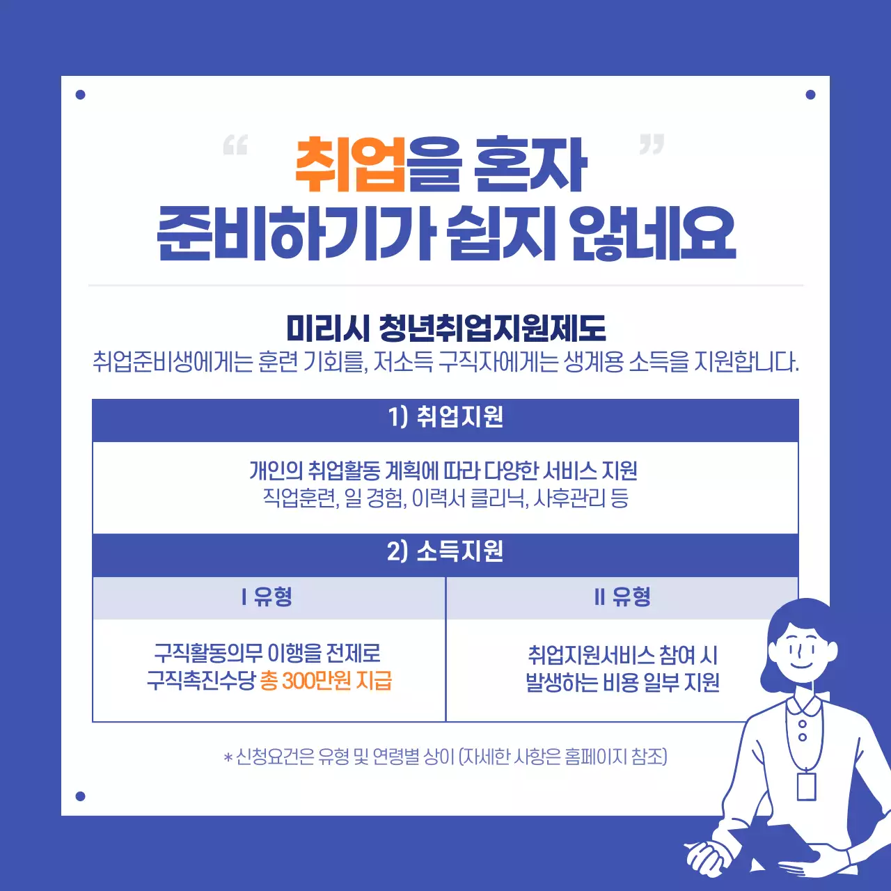 파란색과 주황색의 청년정책 4대천왕 카드뉴스 디자인