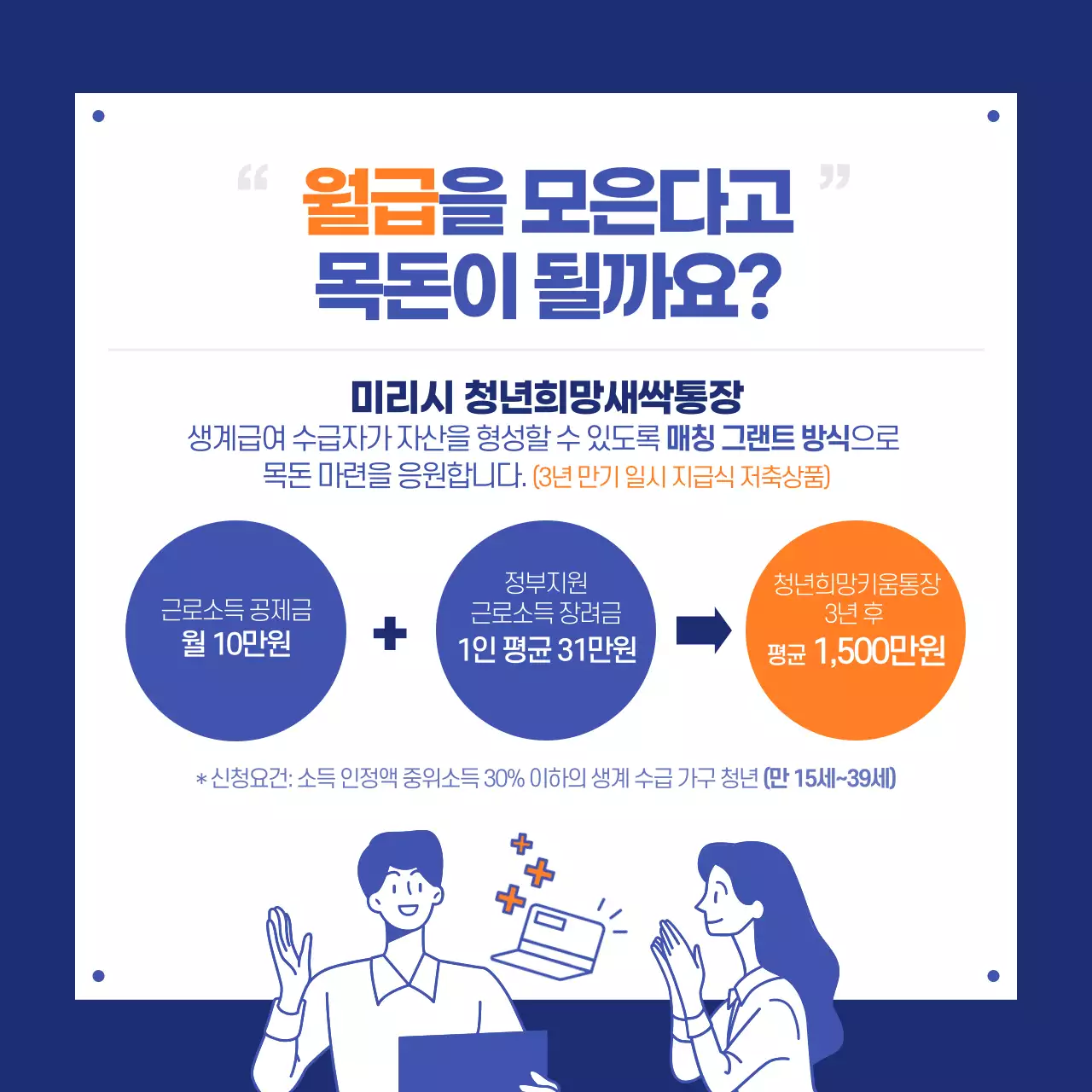 파란색과 주황색의 청년정책 4대천왕 카드뉴스 디자인