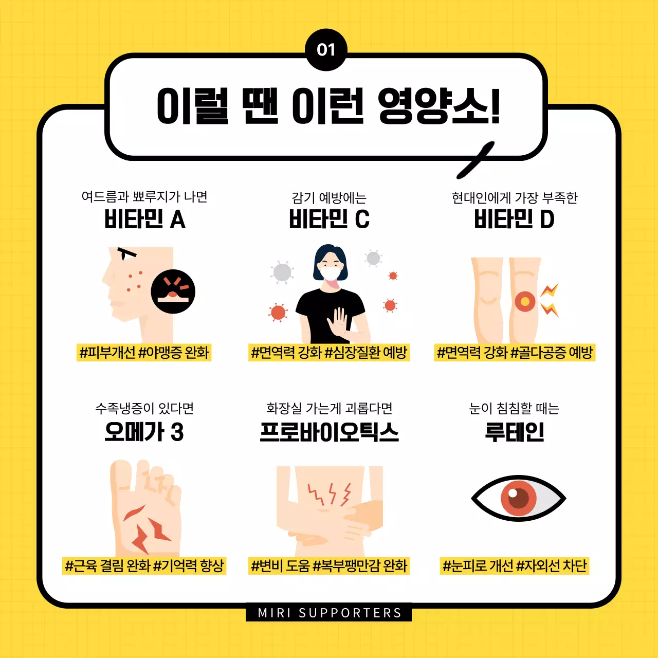노랑과 검정의 아기자기한 서포터즈 영양제 설명