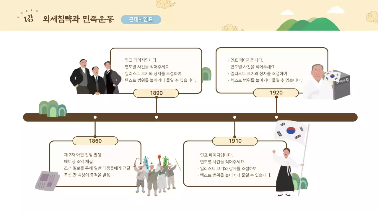 노란색 귀여운 빈티지 역사 일러스트 교육 자료