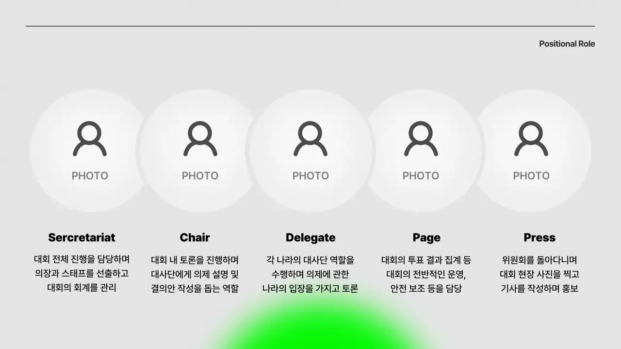 회색과 연두색의 심플한 컨퍼런스 오리엔테이션 발표자료