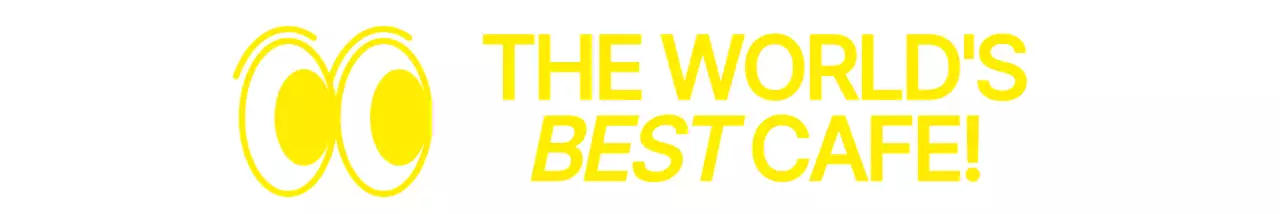 노란색의 심플한 땡그란 눈 일러스트와 텍스트 문구 조합 스타일 카페 