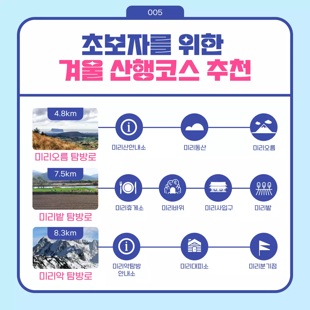 파란색 겨울느낌 아이콘의 겨울산행 사전준비 가이드