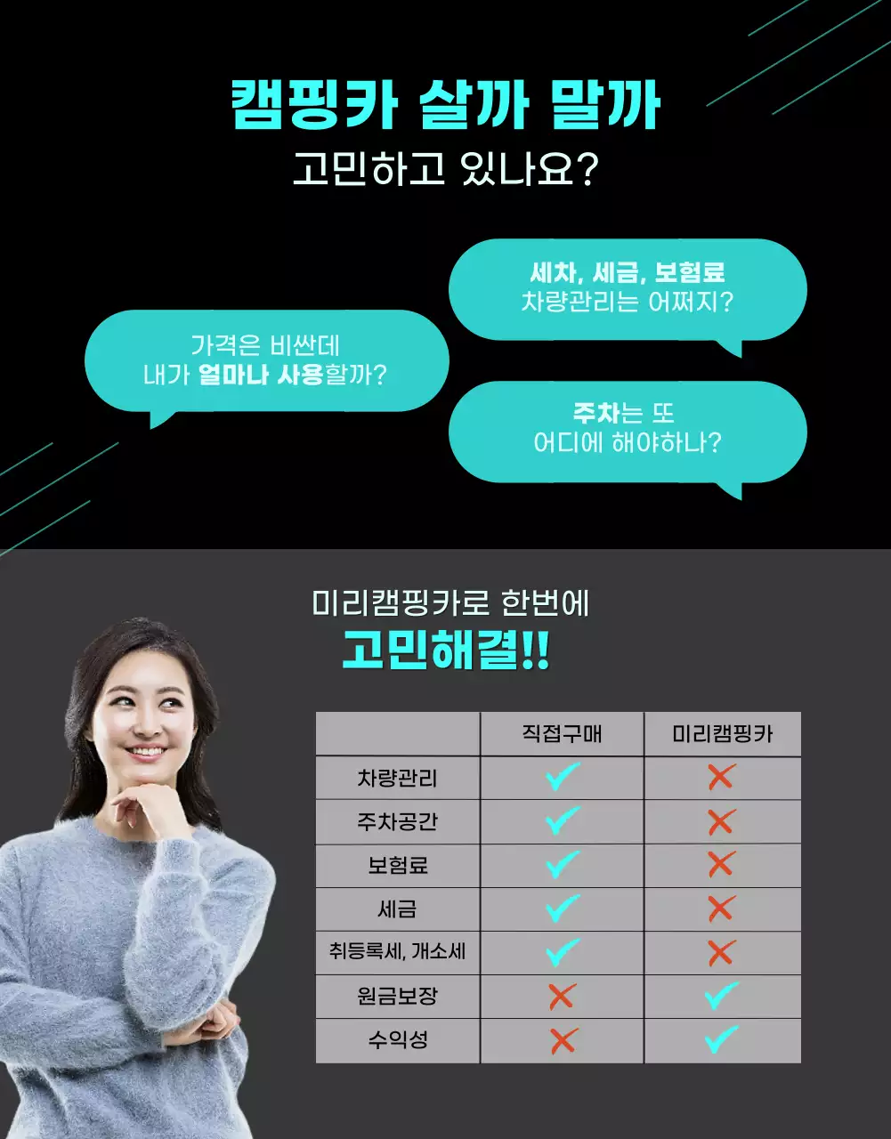 어두운컬러에 민트컬러로 포인트를 준 심플한 캠핑카 투자소개서 상세페이지
