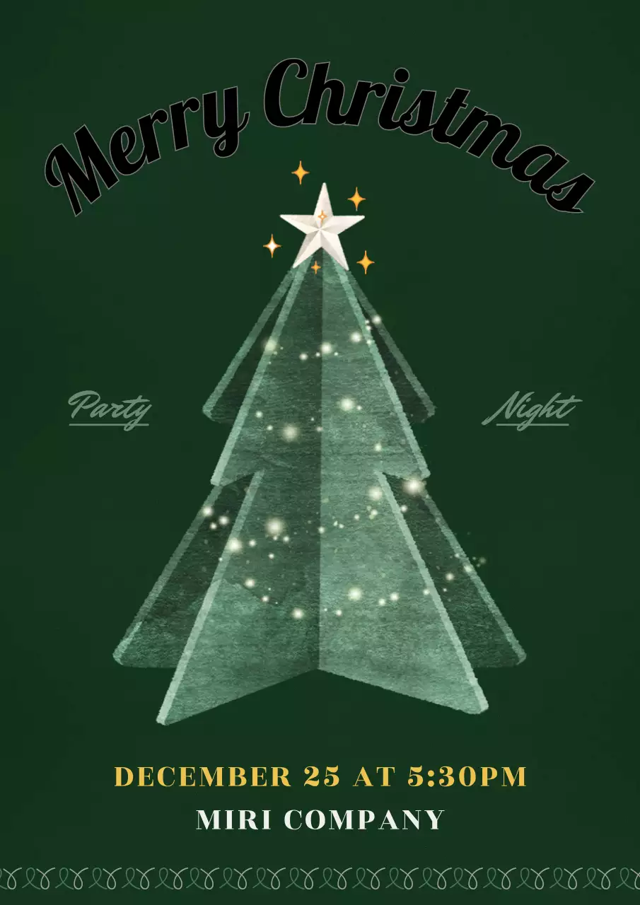 초록색 배경의 반짝이는 크리스마스 트리 초대장