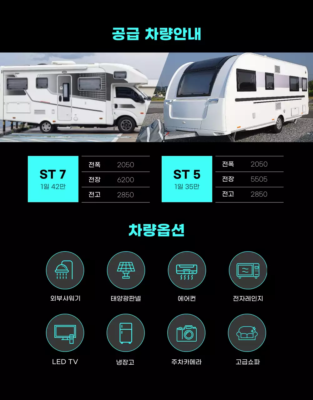 어두운컬러에 민트컬러로 포인트를 준 심플한 캠핑카 투자소개서 상세페이지