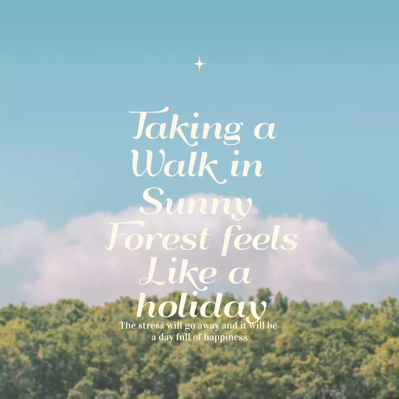 따뜻하고 포근한 풍경이 있는 배경에 귀여운 글꼴로 감성문구가 쓰인 디자인