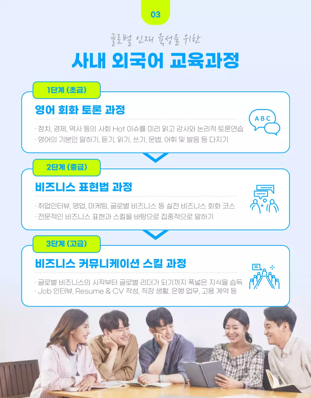 파란색에 형광컬러로 포인트를 준 사내 직무교육 안내