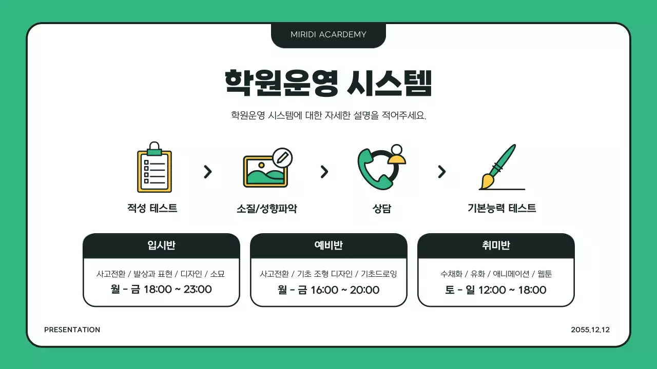 초록색과 노란색 일러스트 느낌의 미술학원 사업소개서 PPT