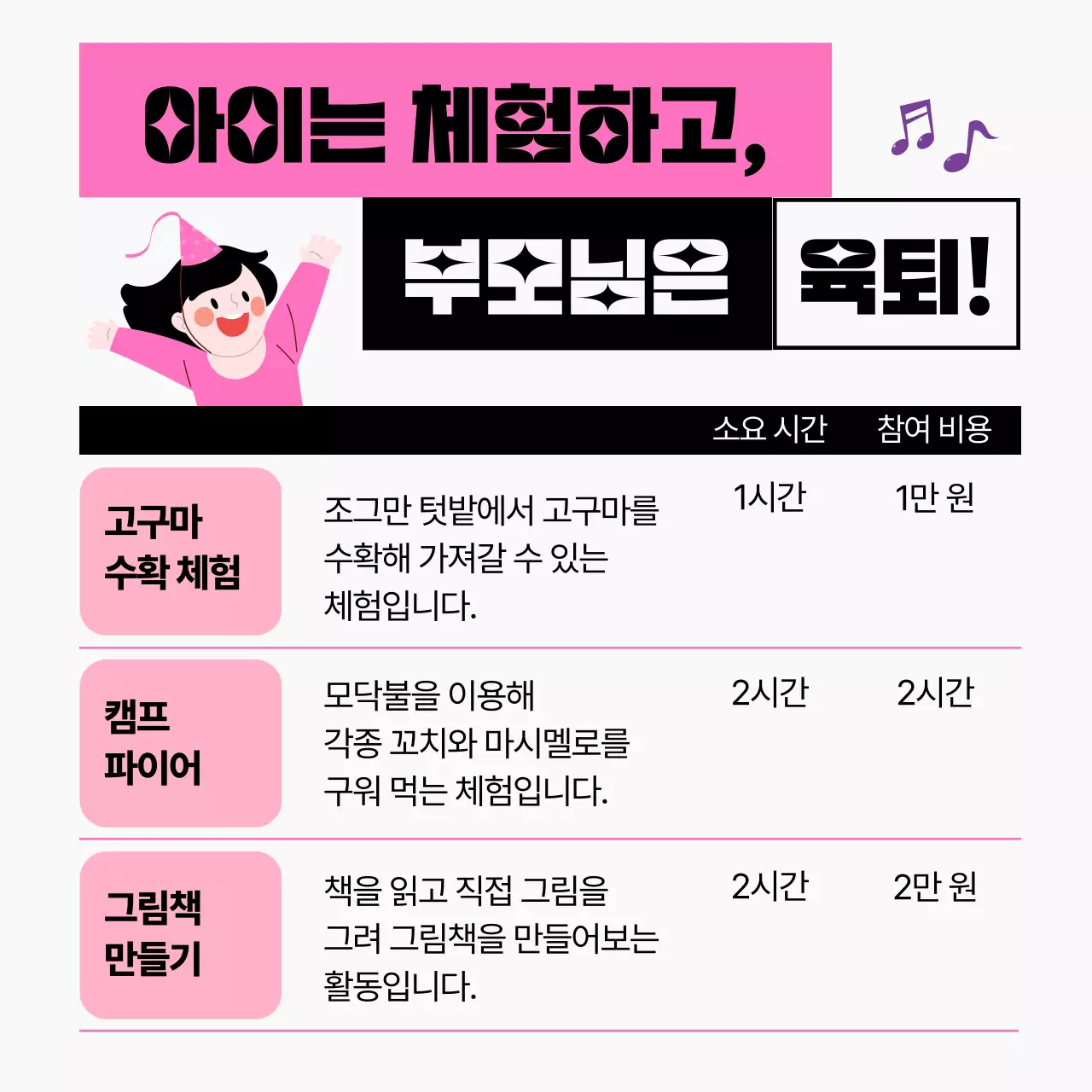 분홍색과 검정색의 키즈프렌들리 숙소 정보