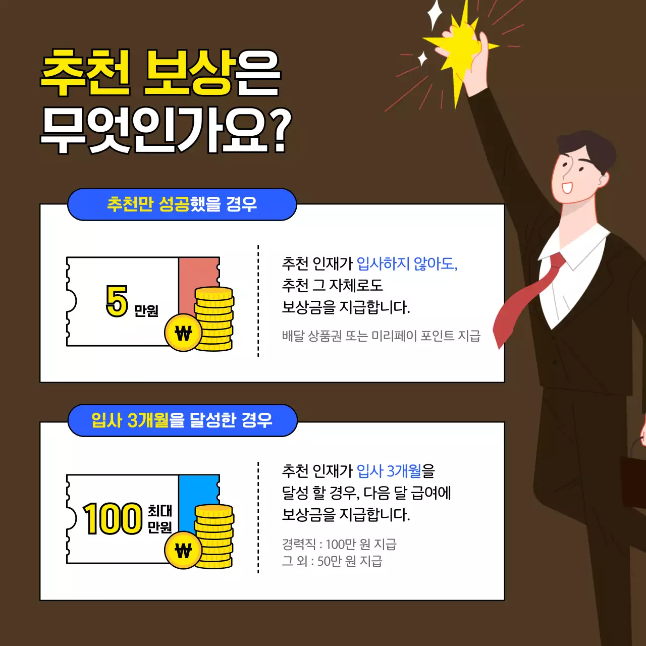 파란색과 노란색의 만화 카툰느낌의 유머러스하고 재밌는 일러스트의 회사 지인 사내추천제도