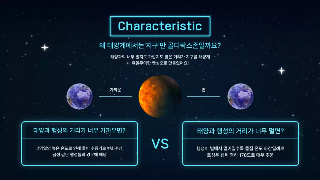 블랙과 블루 네온 컬러의 우주 과학 테마 골디락스존
