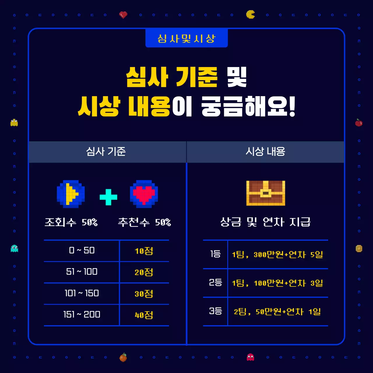 남색과 노란색의 참신하고 재밌고 레트로한 팩맨 픽셀 게임 기업 회사 사내 신사업 아이디어 공모전 모집