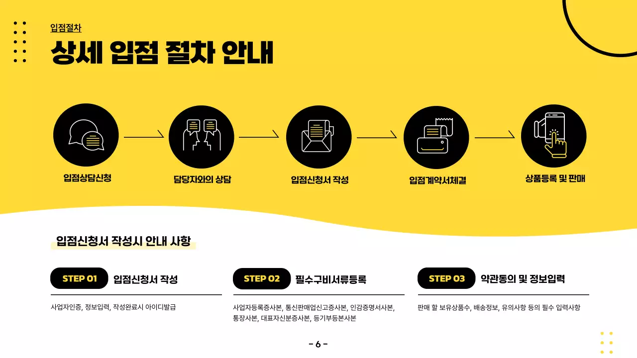 노란색과 검정색의 입점 안내 및 제안서