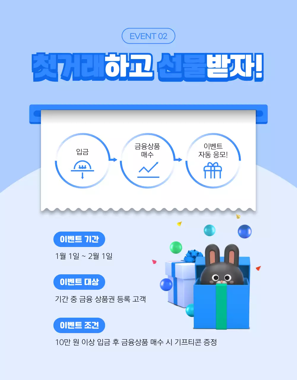 파란색 3d 일러스트가 가미된 깔끔한 컨셉의 금융상품권 테마