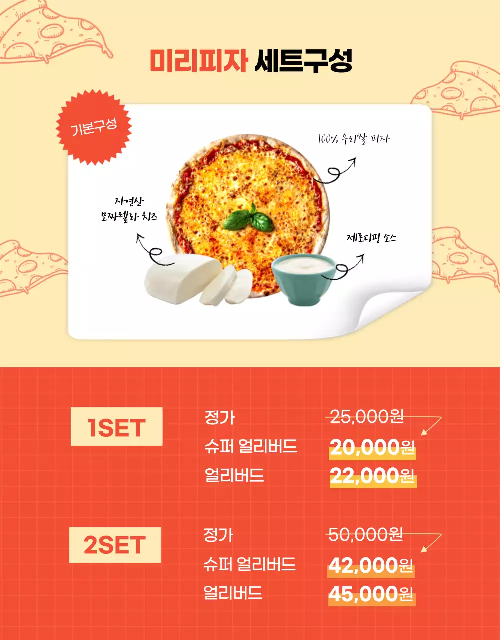 오렌지와 엘로우컬러 조화의 피자 펀딩 상세페이지