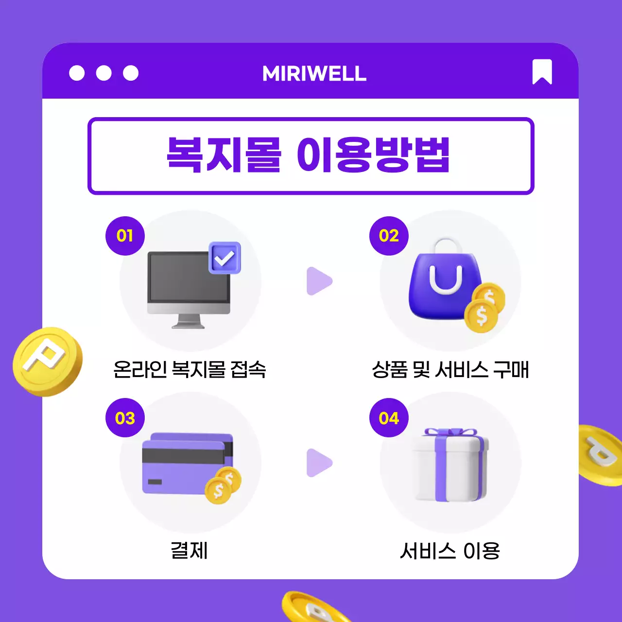 보라색 노란색 3D 컨셉의 깔끔한 기업 복지몰 효과 카드뉴스