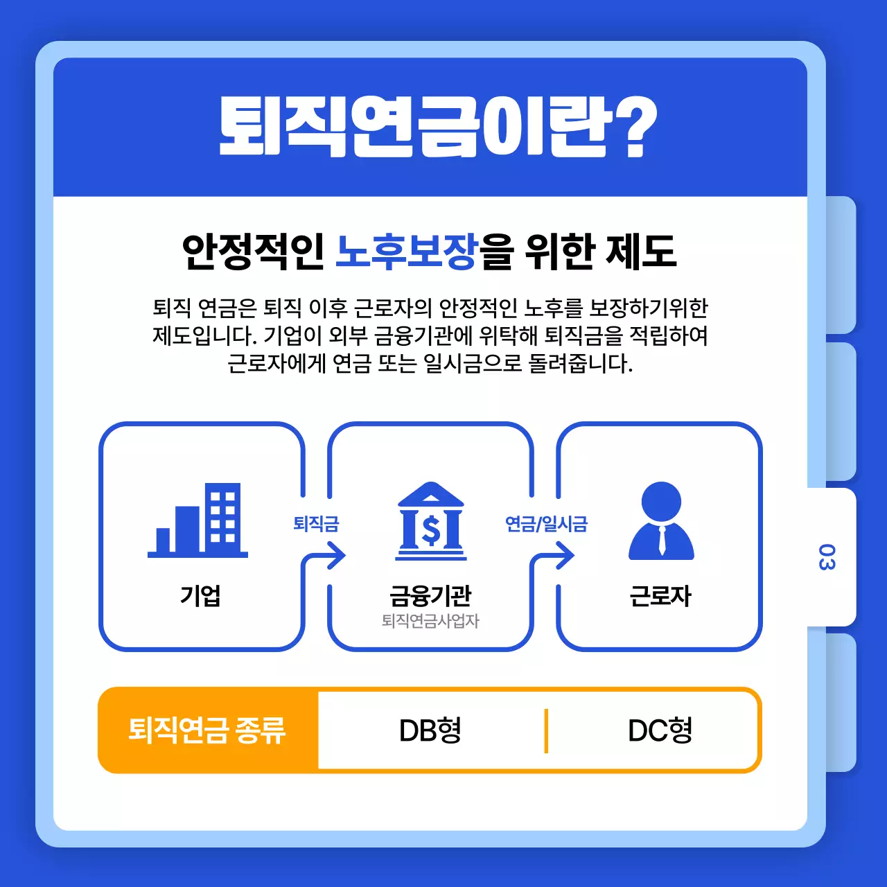 파란색 폴더 테마의 퇴직 연금 금융 카드뉴스