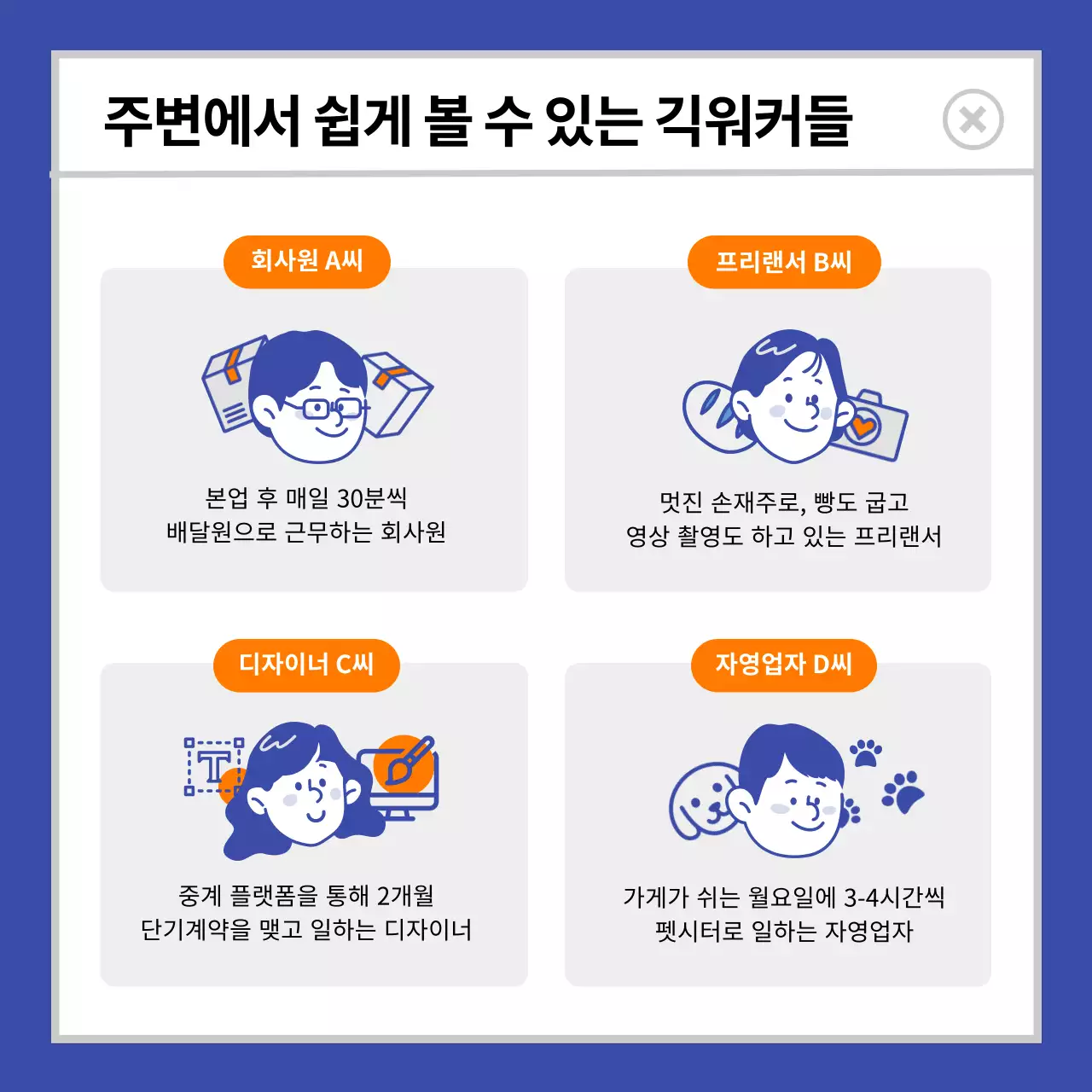 파란색 주황색 귀여운일러스트 긱워커 카드뉴스