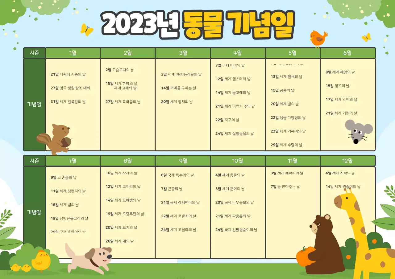 하늘색과 연두색의 귀여운 2023년 동물캘린더