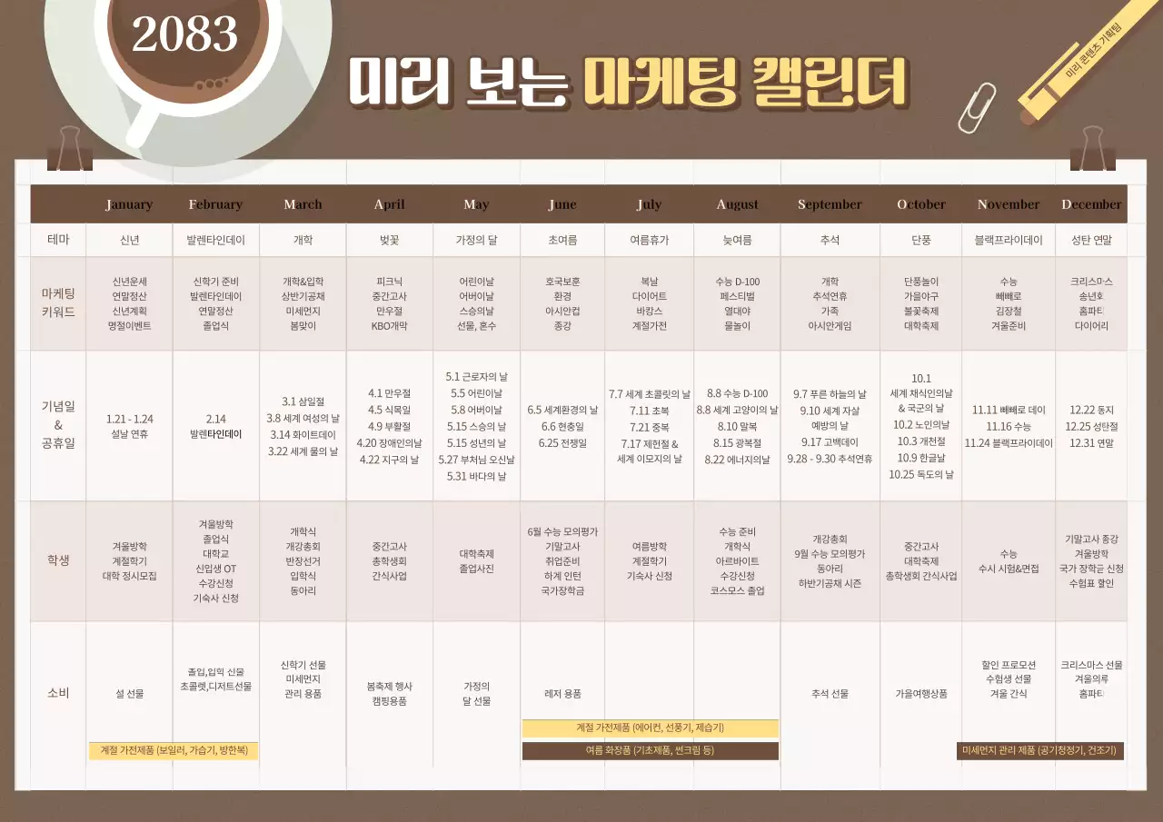 브라운과 노란색의 심플한 일러스트 느낌의 연간캘린더