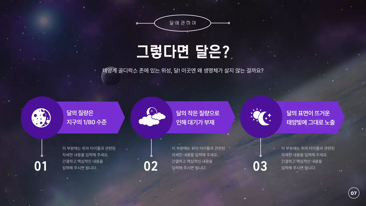 보라색과 검정색의 우주와 행성, 지구에 대한 탐구