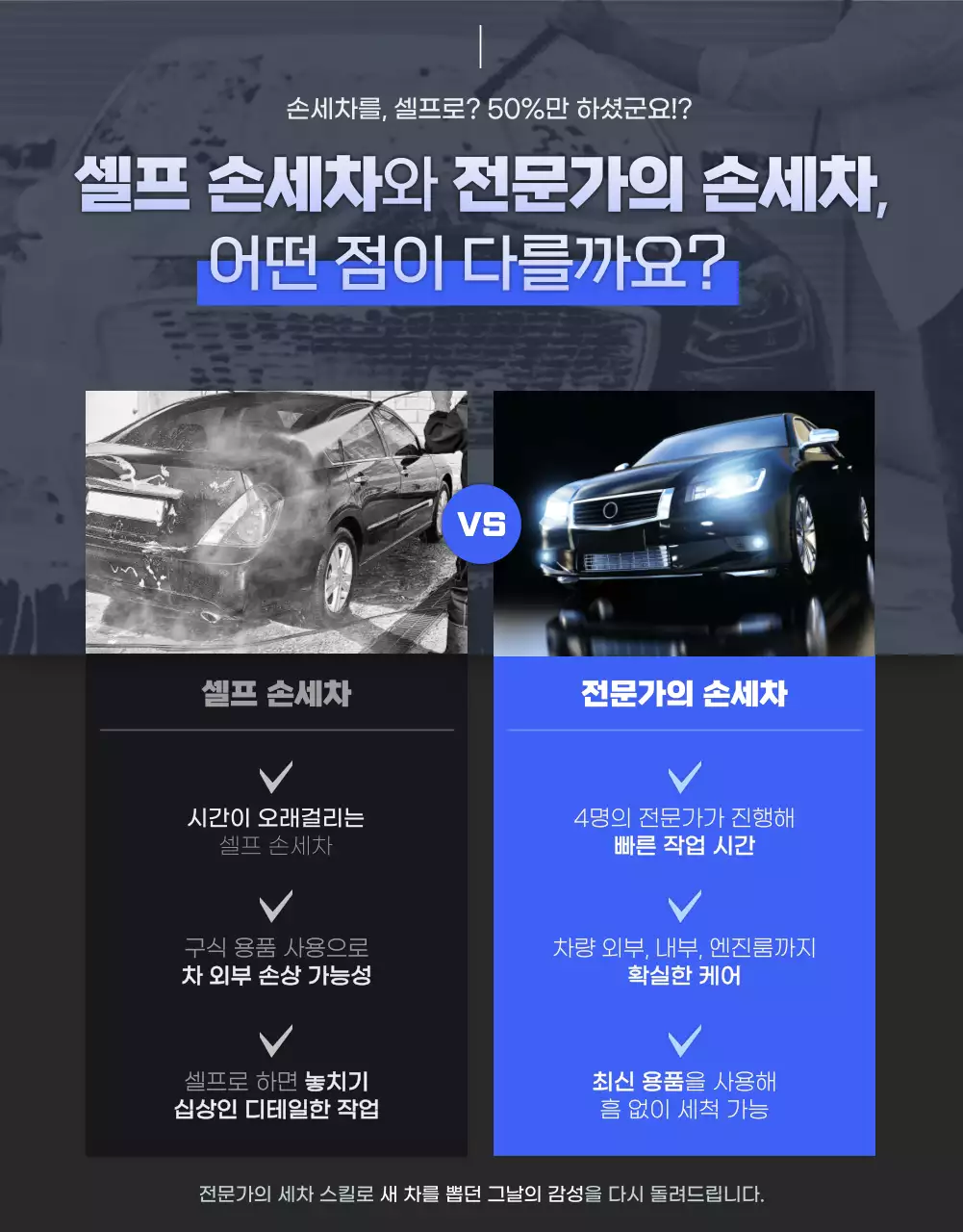 검은색 파란색의 깔끔한 세차장용 손세차 상세페이지