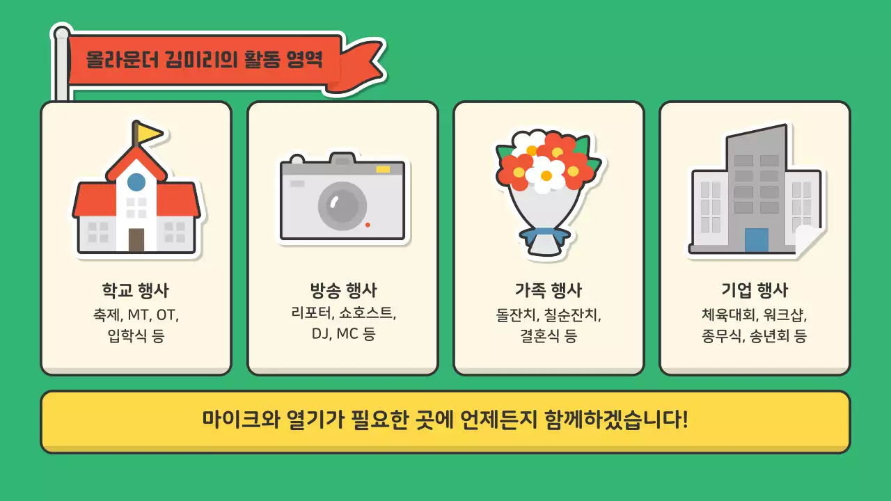 빨간색 초록색의 귀여운 스티커 컨셉의 공연업계 사회자용 포트폴리오