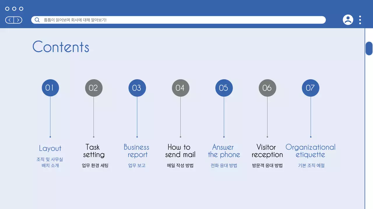 파랑과 흰색의 단순한 신입사원 매뉴얼 안내서