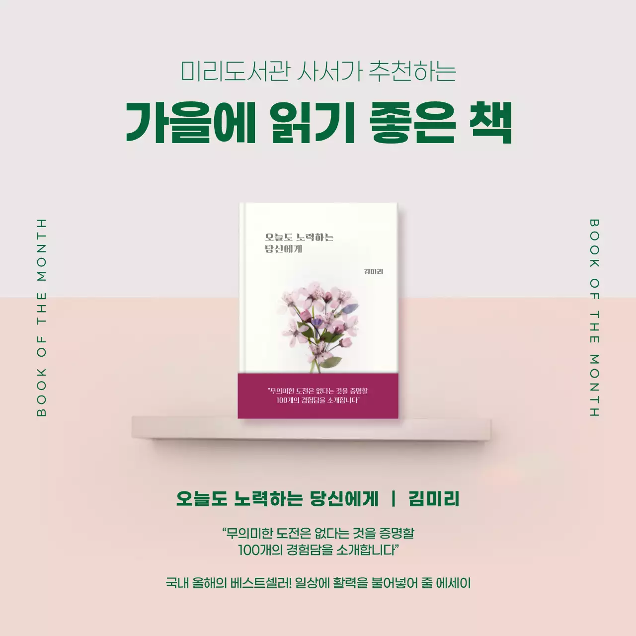 녹색과 분홍색의 선반위 책이 있는 이달의 책홍보