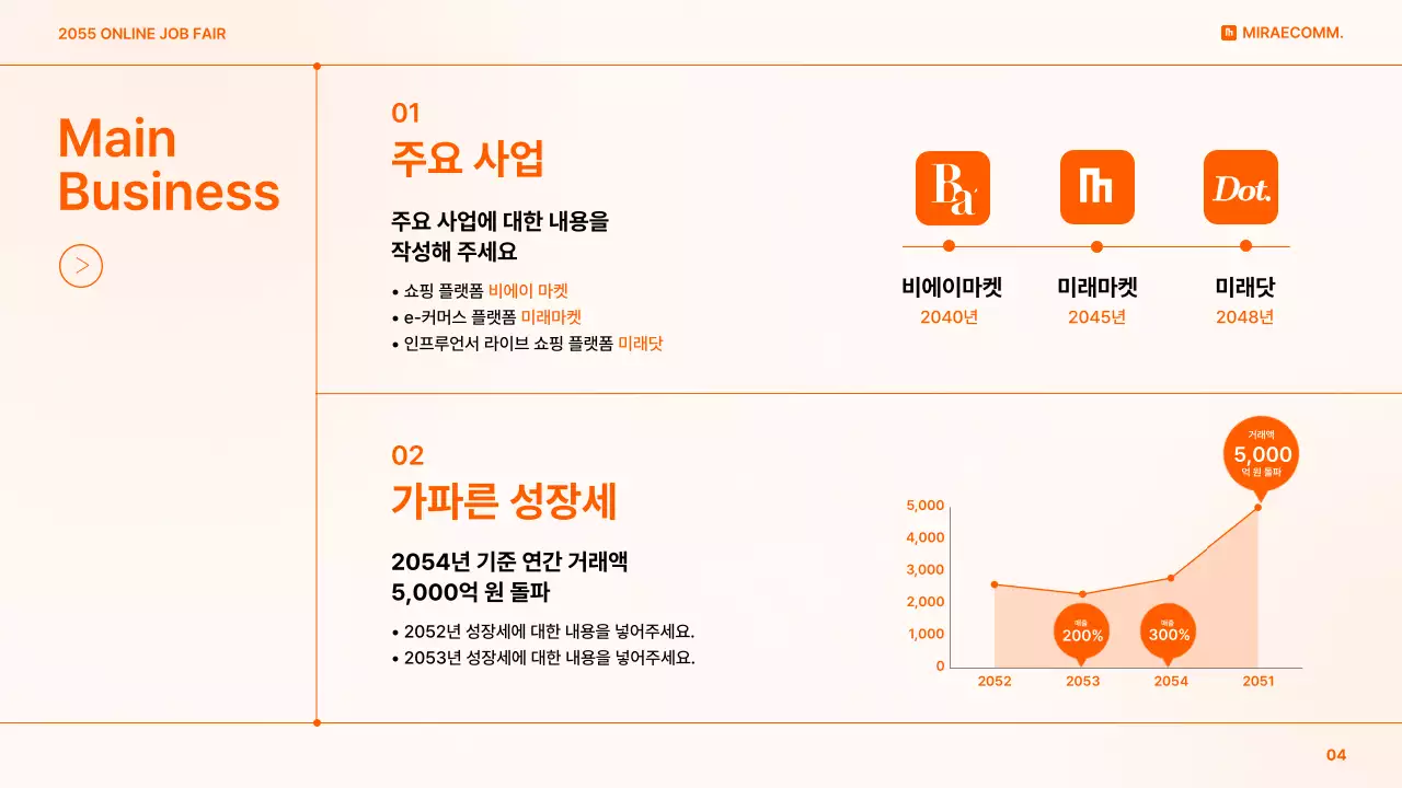 주황색과 흰색의 심플한 온라인 채용 계획 발표자료