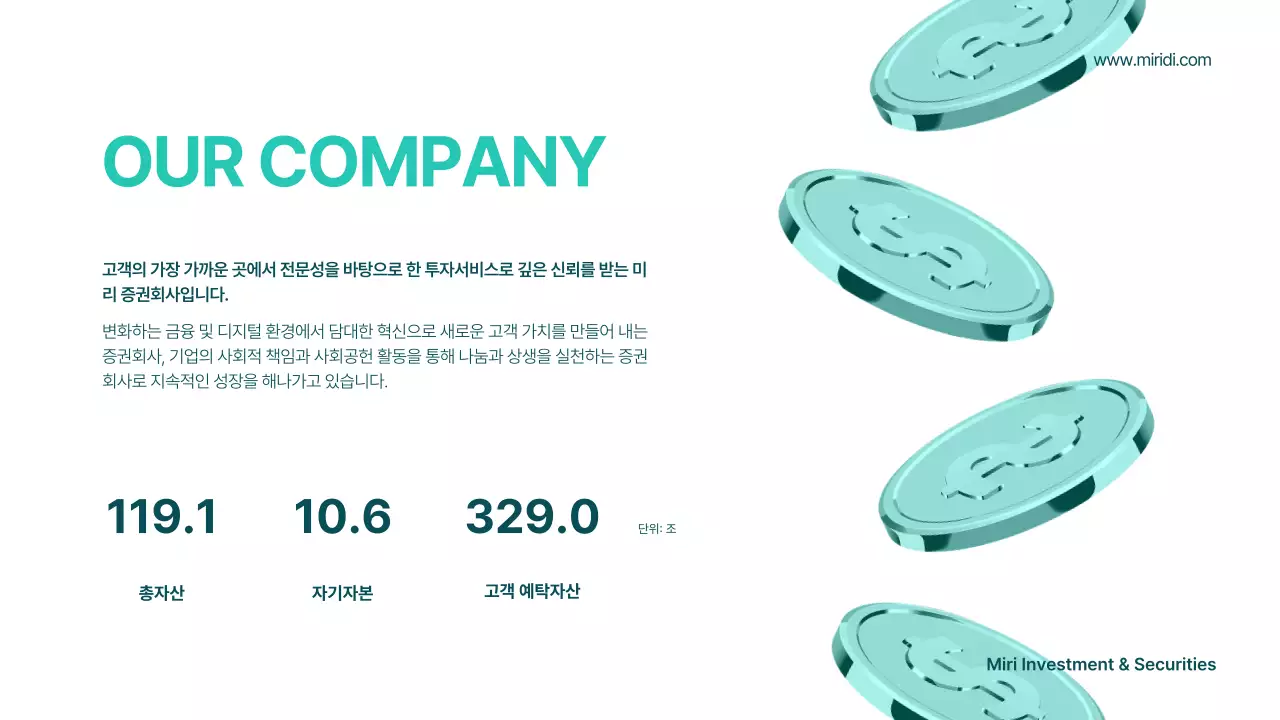 민트색과 흰색의 기하학적인 증권 회사 소개서