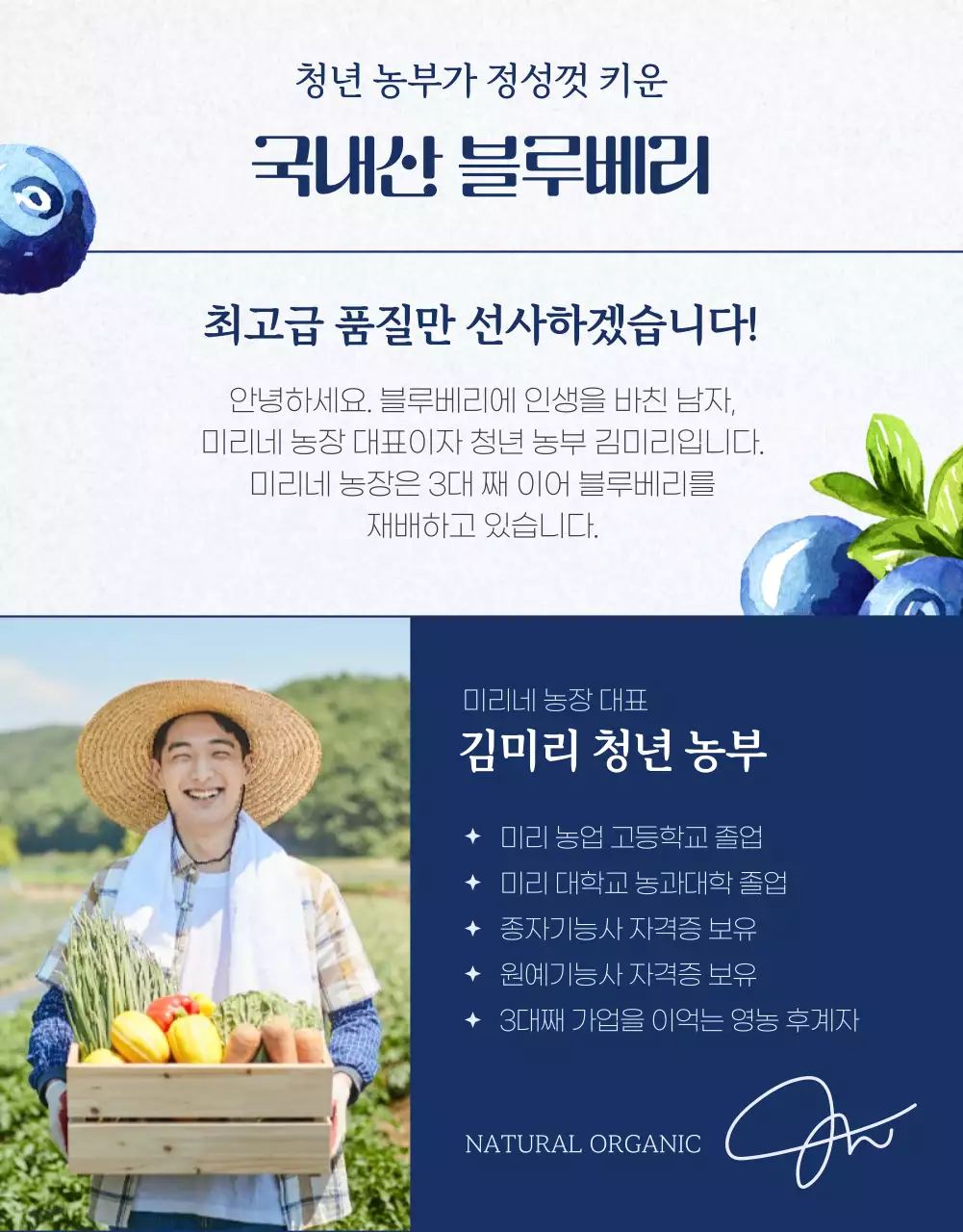 네이비 컬러의 블루베리 홍보페이지