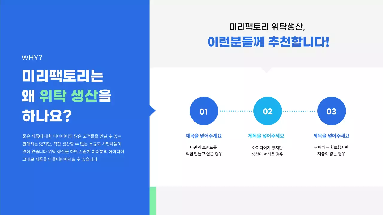 파란색 민트색의 위탁 생산 서비스 제안서 프레젠테이션