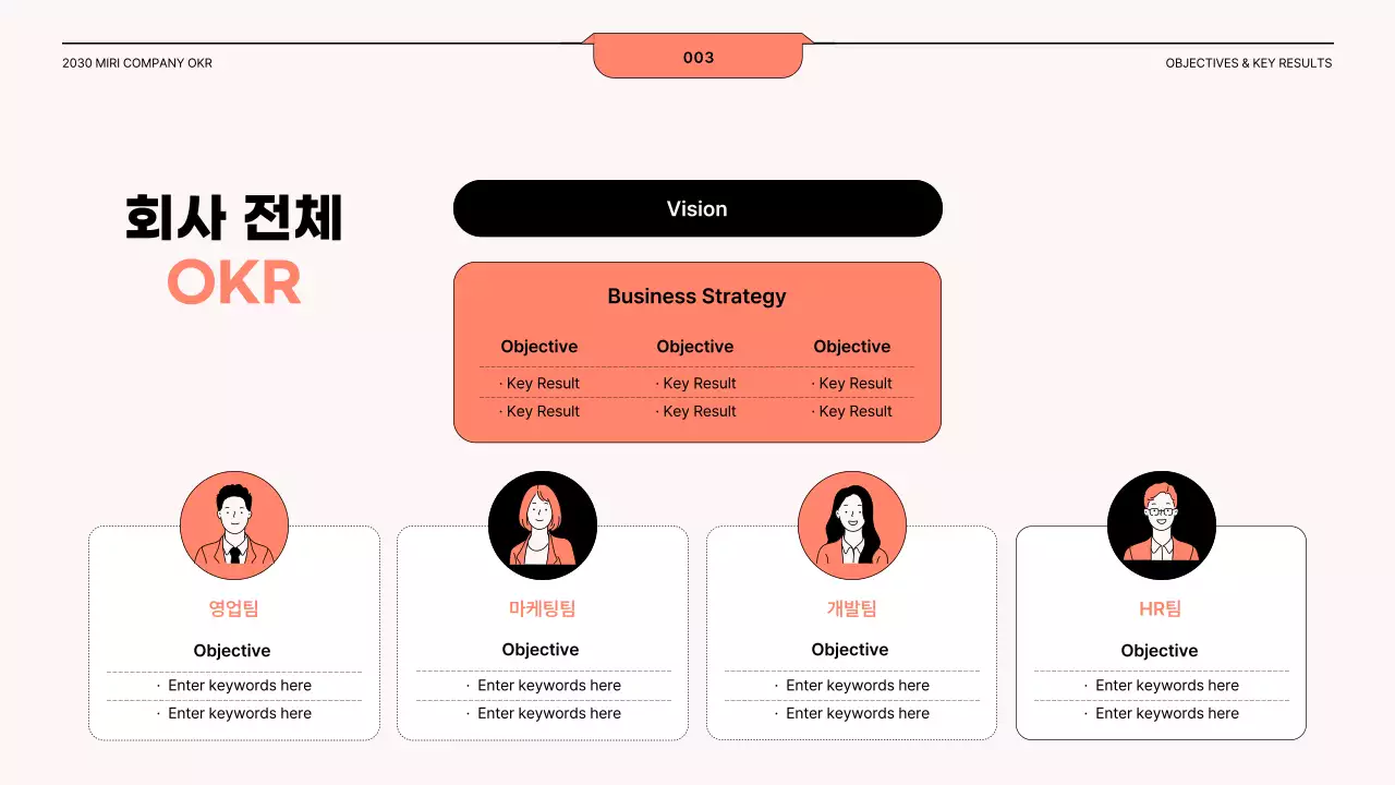코랄과 블랙의 일러스트 강조 OKR 가이드라인
