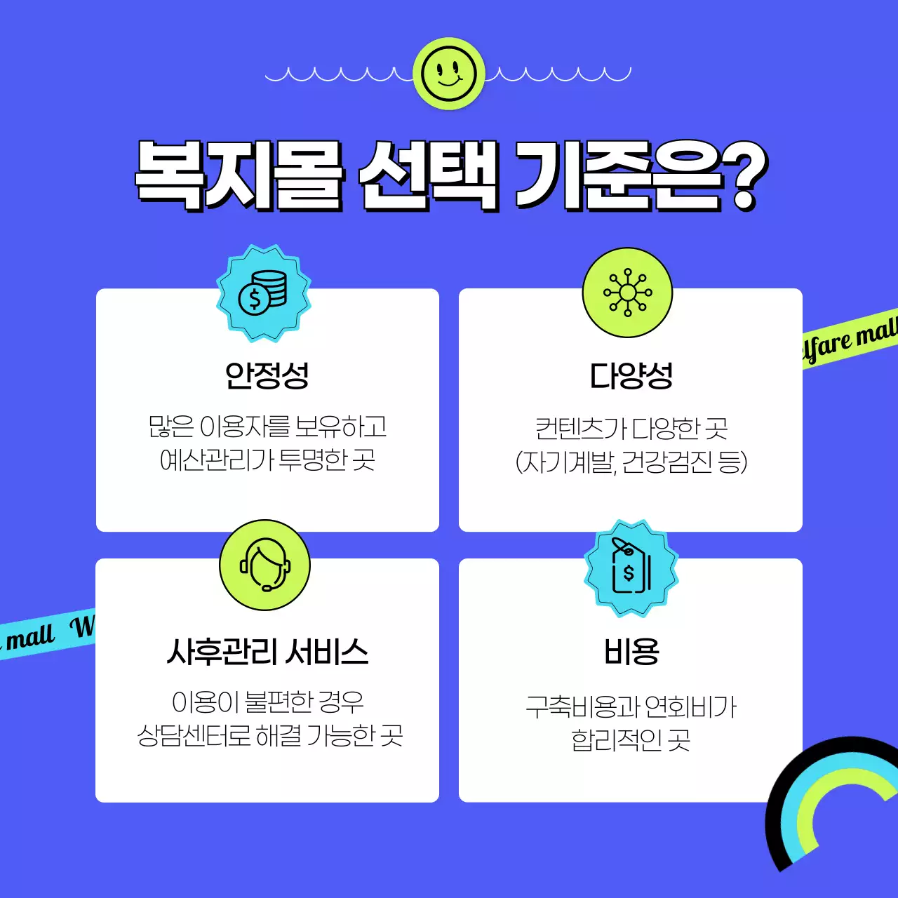 스티커 컨셉의 파란색의 기업복지몰 설명 카드뉴스