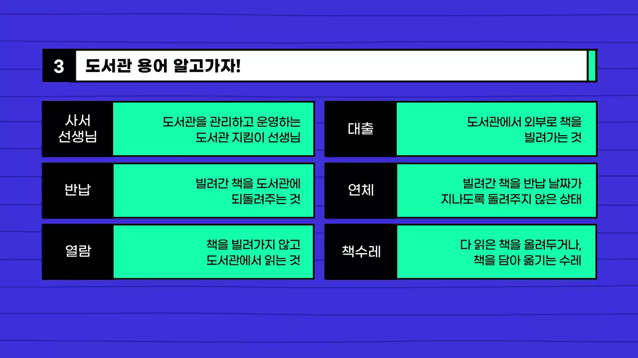 파란색과 민트색의 중학교 도서관 이용 가이드