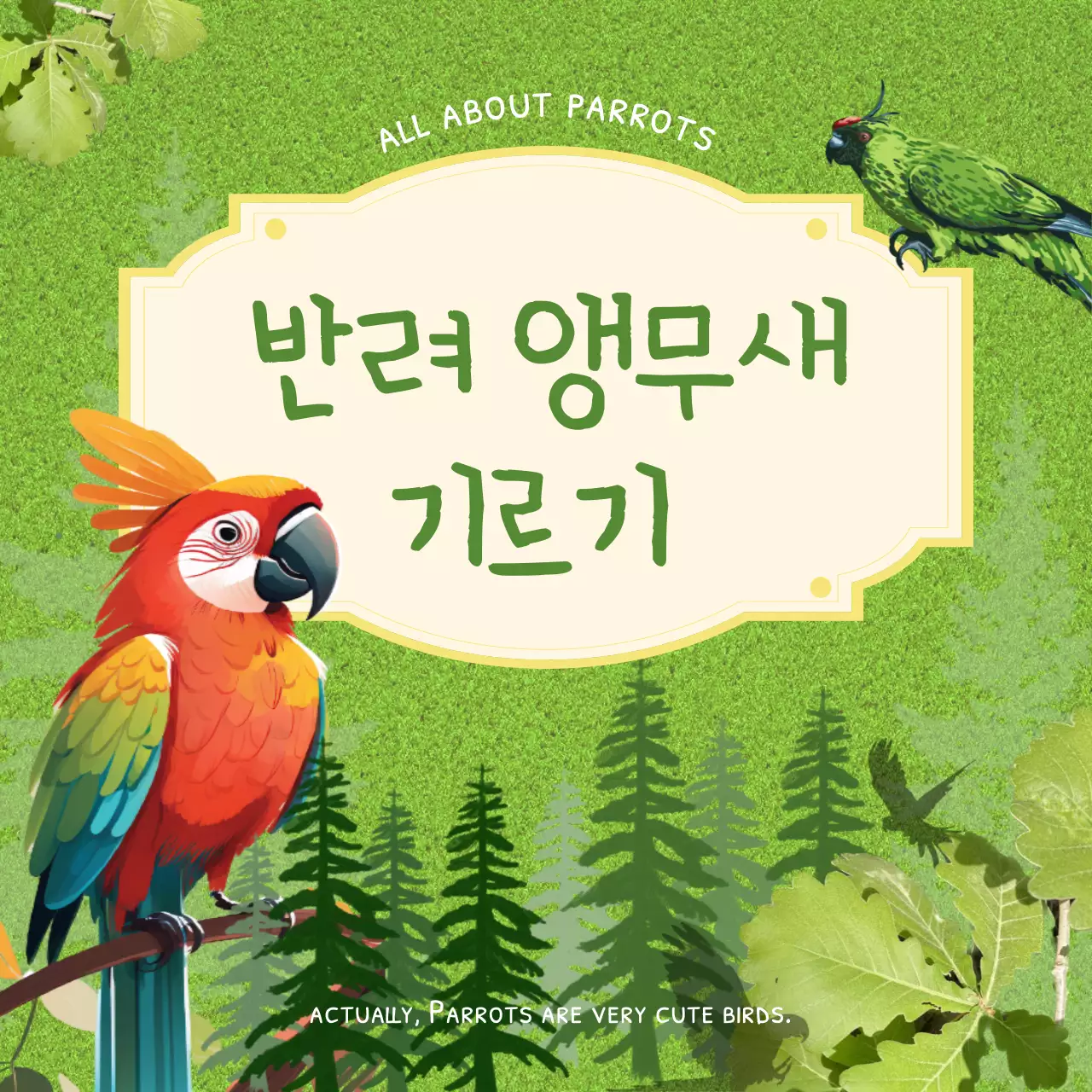 연두색 일러스트의 귀여운 반려 앵무새 기르기 