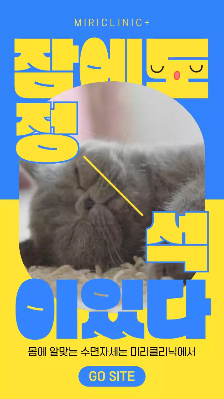 노란색과 파란색의 귀여운 고양이 영상을 사용한 수면클리닉 센터 홍보