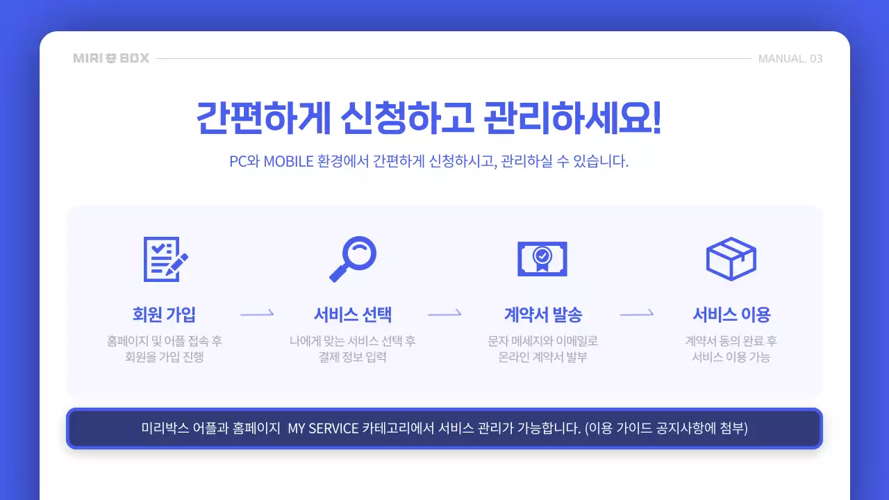 파란색과 하얀색의 깔끔한 짐 보관 서비스 소개서