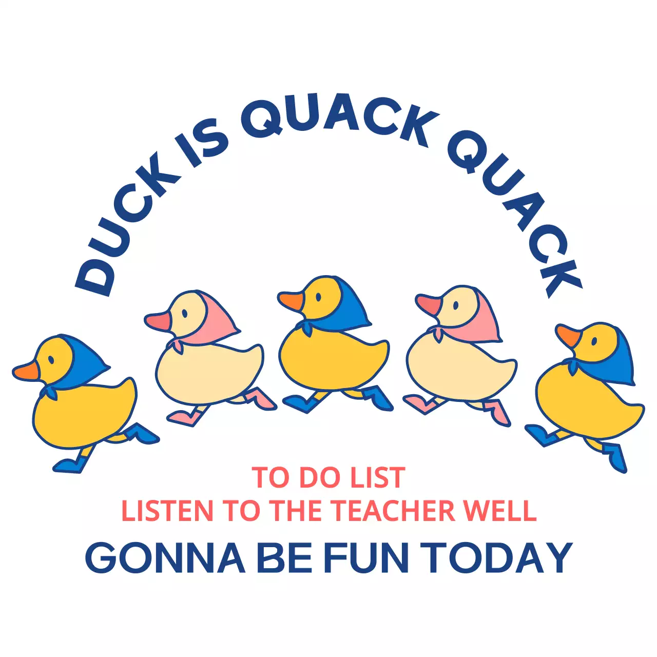 알록달록한 색상의 귀여운 오리 일러스트가 있는 유치원 단체 티셔츠