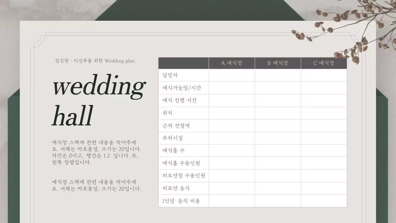 초록색의 초대장 컨셉의 결혼 준비