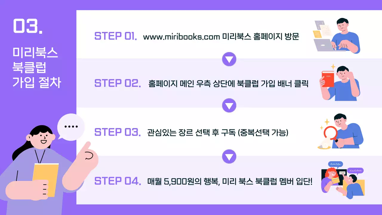 보라색과 파란색이 어우러진 심플한 배경에 사람 일러스트가 포인트로 들어간 책꽂이 테마