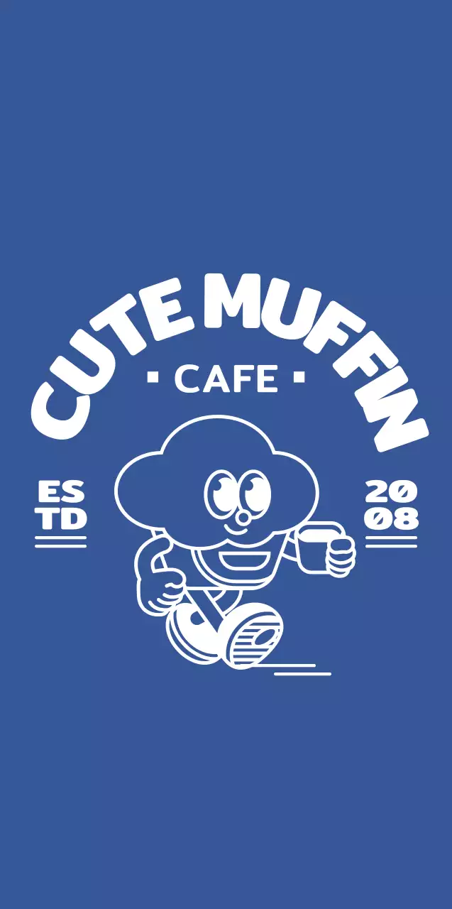 파란색과 하얀색의 귀엽고 동그란 컵케이크 캐릭터 로고 스타일 카페 굿즈용