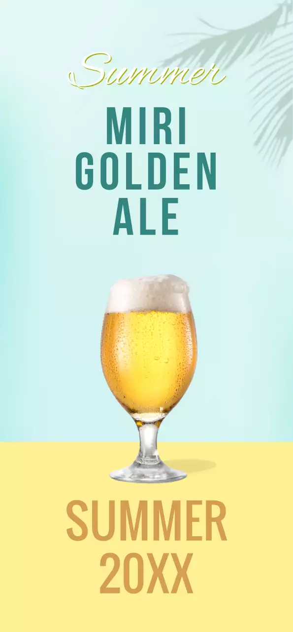 민트색 배경의 노란색 맥주와 야자수 그림자가 있는 배너