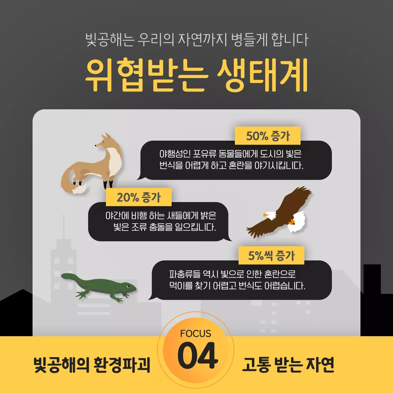 블랙 앤 옐로우 포인트 컬러의 깔끔하고 상세한 빛공해 예방 캠페인 안내