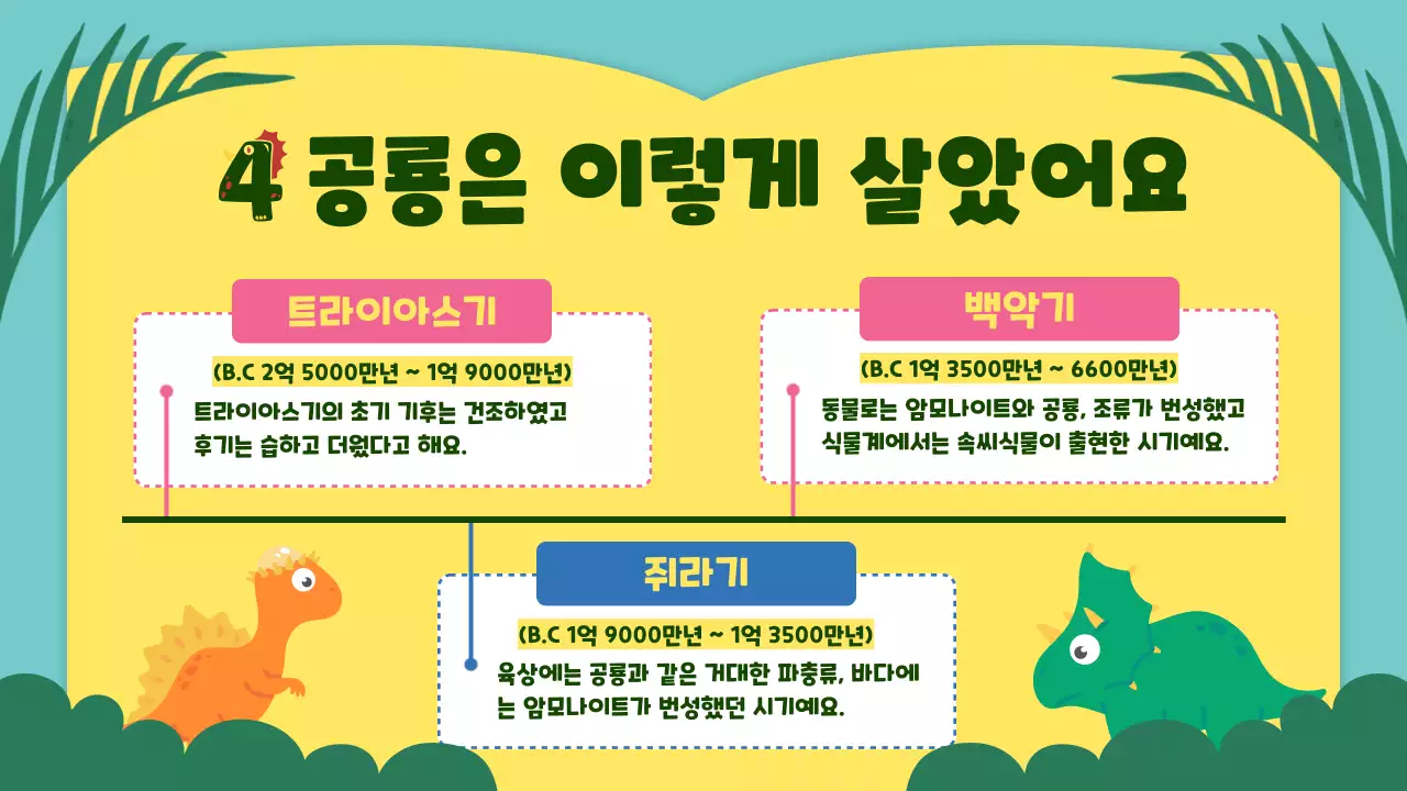 노란색과 초록색의 귀여운 컨셉의 공룡 교육