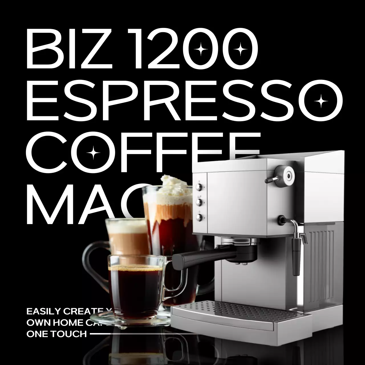 검정색과 하얀색의 힙하고 깔끔한 사진 프레임 스타일 커피머신 정보 안내 및 홍보 